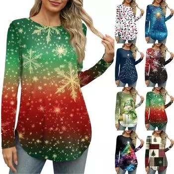 Женские рубашки с длинным рукавом и круглым вырезом, боковые разрезы, базовые свободные туники, повседневные рубашки с рождественским принтом XL чёрный