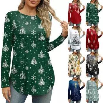 Женские рубашки с длинным рукавом и круглым вырезом, боковые разрезы, базовые свободные туники, повседневные рубашки с рождественским принтом XXXL