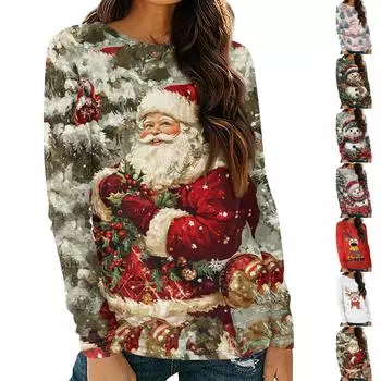 Женские рубашки с длинным рукавом и круглым вырезом, повседневные топы, туники с рождественским принтом, свободные футболки XL зелёный