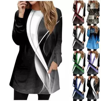 Женские рубашки с длинным рукавом и круглым вырезом, базовые свободные туники с боковым разрезом, повседневные рубашки с цветочным принтом XXXL чёрный