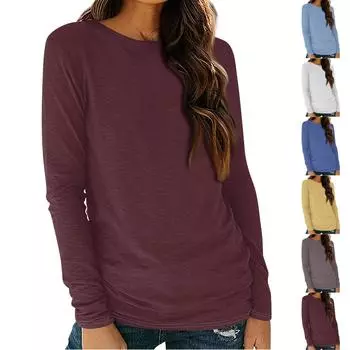Женские рубашки с длинным рукавом и круглым вырезом, базовая футболка, повседневный топ, осенняя модная туника, облегающие футболки L синий