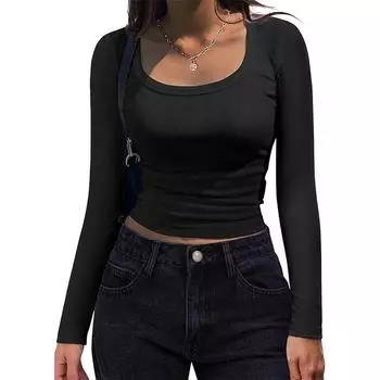 Женские рубашки с длинным рукавом и круглым вырезом, повседневные облегающие топы из трикотажа в рубчик, летние и осенние, базовые деловые футболки S чёрный