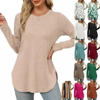 Женские рубашки с длинным рукавом и круглым вырезом, с боковыми разрезами, базовые свободные туники, повседневные рубашки, модная одежда Ropa De Mujer XXL