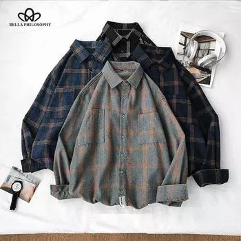 Женские рубашки с длинным рукавом и отложным воротником, большие размеры, клетчатая рубашка в Корейском стиле, винтажные модные свободные студенческие женские универсальные шикарные рубашки M чёрный