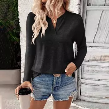 Женские рубашки с длинным рукавом и V-образным вырезом, базовая футболка, повседневный топ, осенняя модная туника, облегающие футболки L чёрный