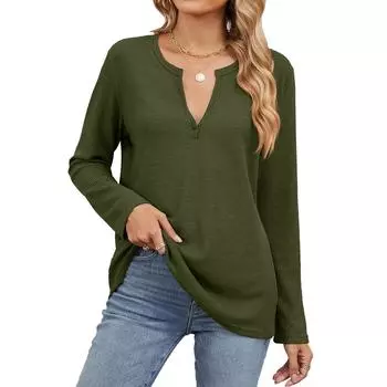 Женские рубашки с длинным рукавом и V-образным вырезом, повседневные топы, свободные нарядные базовые осенние наряды, одежда, зимняя модная одежда L армия зеленый