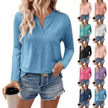Женские рубашки с длинным рукавом и V-образным вырезом, базовая футболка, повседневный топ, осенняя модная туника, облегающие футболки L тёмно-синий