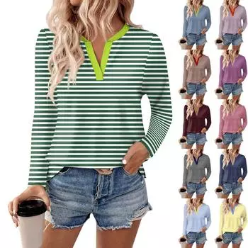 Женские рубашки с длинным рукавом и V-образным вырезом, базовая футболка, повседневный топ, осенняя модная туника, облегающие футболки L чёрный