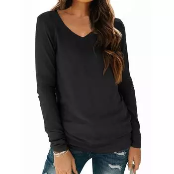 Женские рубашки с длинным рукавом и V-образным вырезом, базовая футболка, повседневный топ, осенняя модная туника, облегающие футболки L чёрный