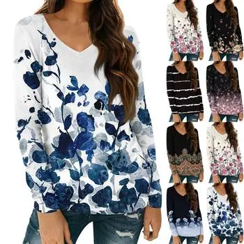 Женские рубашки с длинным рукавом и V-образным вырезом, базовая футболка, повседневный топ, осенняя модная туника, облегающие футболки L чёрный