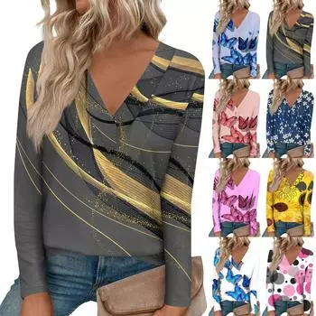 Женские рубашки с длинным рукавом и V-образным вырезом, нарядные повседневные топы, модные свободные туники, топы, блузки M