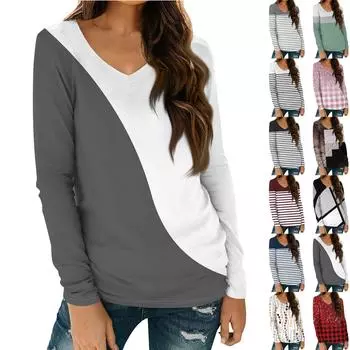 Женские рубашки с длинным рукавом и V-образным вырезом, базовая футболка, повседневный топ, осенняя модная туника, облегающие футболки XL