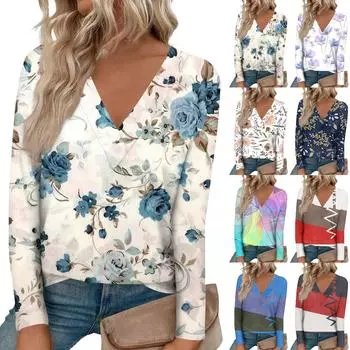 Женские рубашки с длинным рукавом и V-образным вырезом, нарядные повседневные топы, модные свободные туники, топы, блузки XXL