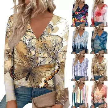 Женские рубашки с длинным рукавом и V-образным вырезом, нарядные повседневные топы, модные свободные туники, топы, блузки L