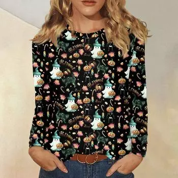 Женские рубашки с длинным рукавом, милые футболки с графическим принтом на Хэллоуин, блузки, повседневные базовые топы больших размеров, пуловер XL