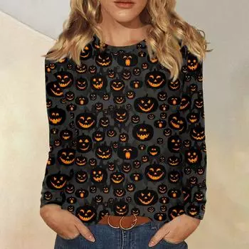 Женские рубашки с длинным рукавом, милые футболки с графическим принтом на Хэллоуин, блузки, повседневные базовые топы больших размеров, пуловер XXXXL чёрный