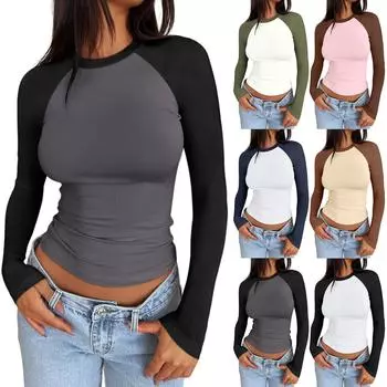 Женские рубашки с длинным рукавом, облегающие, эластичные, с цветными блоками, слегка укороченные топы S чёрный