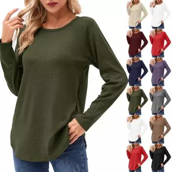 Женские рубашки с длинным рукавом осень-зима повседневная мода туника топы с круглым вырезом базовая свободная футболка L бежевый