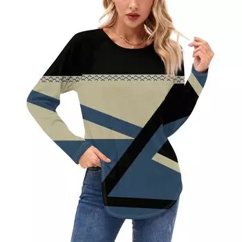 Женские рубашки с длинным рукавом, повседневная мода, туника с геометрическим принтом, топы с круглым вырезом, базовая свободная футболка L темно-фиолетового