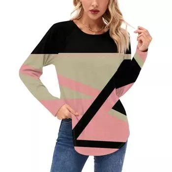 Женские рубашки с длинным рукавом, повседневная мода, туника с геометрическим принтом, топы с круглым вырезом, базовая свободная футболка L темно-фиолетового