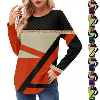 Женские рубашки с длинным рукавом, повседневная мода, туника с геометрическим принтом, топы с круглым вырезом, базовая свободная футболка L темно-фиолетового