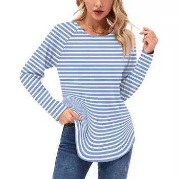 Женские рубашки с длинным рукавом, повседневные, модные, с полосатым принтом, туники, топы, с круглым вырезом, базовая свободная футболка L темно-фиолетового