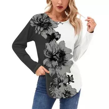 Женские рубашки с длинным рукавом, повседневные модные туники с цветочным принтом, топы с круглым вырезом, базовая свободная футболка L темно-фиолетового