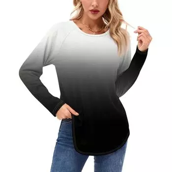 Женские рубашки с длинным рукавом, повседневные, модные, с градиентным принтом, туники, топы, с круглым вырезом, базовая свободная футболка L темно-фиолетового