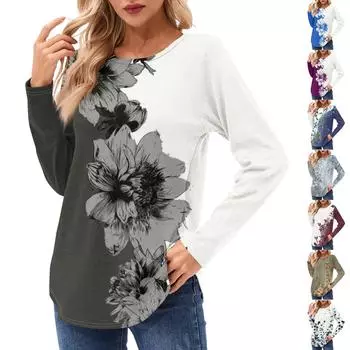 Женские рубашки с длинным рукавом, повседневные модные туники с цветочным принтом, топы с круглым вырезом, базовая свободная футболка L темно-фиолетового