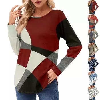 Женские рубашки с длинным рукавом, повседневные модные туники с цветочным принтом, топы с круглым вырезом, базовая свободная футболка L темно-фиолетового