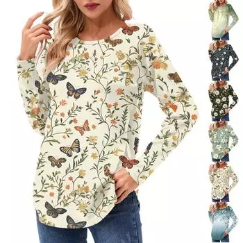 Женские рубашки с длинным рукавом, повседневные модные туники, топы с круглым вырезом, базовая свободная футболка L армия зеленый