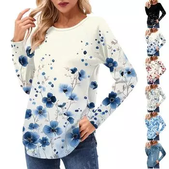 Женские рубашки с длинным рукавом, повседневные модные туники, топы с круглым вырезом, базовая свободная футболка L чёрный