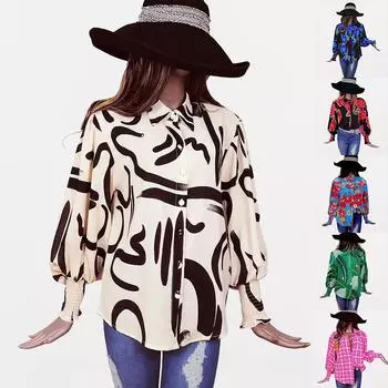 Женские рубашки с длинным рукавом с принтом, блузки, топы, женская повседневная свободная футболка, футболка