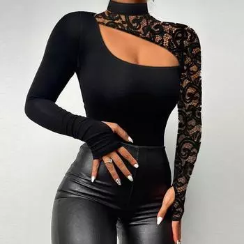 Женские рубашки с длинным рукавом, тонкие контрастные кружевные сексуальные футболки с открытыми плечами, повседневные многослойные футболки L