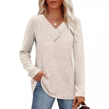 Женские рубашки с длинным рукавом, топы с V-образным вырезом и пуговицами, осенние модные наряды, зимние свитера L бежевый
