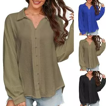 Женские рубашки с длинным рукавом, V-образным вырезом, однотонные, повседневные, с открытыми плечами, топы на осень M армия зеленый