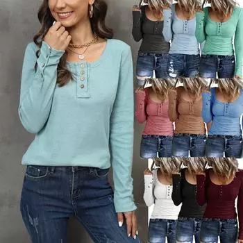 Женские рубашки с длинным рукавом, выходная осенняя одежда, повседневные топы с хенли, блузки с ребристым узором, модные наряды, однотонная футболка с V-образным вырезом и застежкой на пуговицы S чёрный