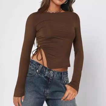 Женские рубашки с длинным рукавом, вырезом-лодочкой, на выход, облегающие повседневные укороченные топы, модная осенняя одежда, пуловер S кофейный
