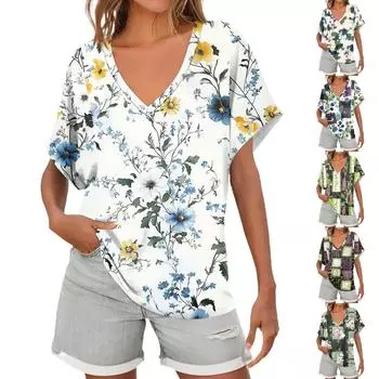 Женские рубашки с коротким рукавом и V-образным вырезом, с цветочным принтом, свободные повседневные футболки, летние топы XXXL