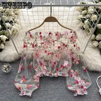 Женские рубашки с открытыми плечами Топы с длинным рукавом-фонариком Прозрачный кружевной пуловер Блузка с цветочным принтом Рубашка Блузки One size белый