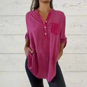 Женские рубашки с пайетками, рукавами 3/4, карманами, пуговицами, V-образным вырезом, сексуальные повседневные блузки, топ XL горячий розовый