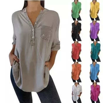 Женские рубашки с пайетками, рукавами 3/4, карманами, пуговицами, V-образным вырезом, сексуальные повседневные блузки, топ L чёрный
