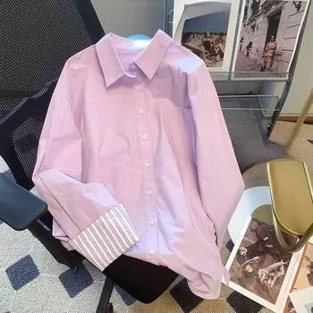 Женские рубашки с полосками и фиолетовыми рукавами, свободные повседневные рубашки с длинными рукавами, блузки с однобортными лацканами, женская одежда S фиолетовый