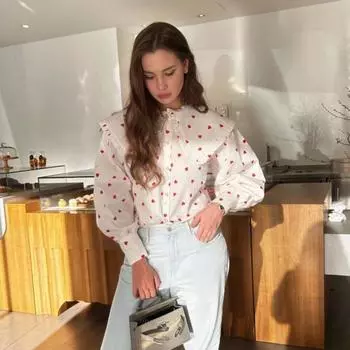 Женские рубашки с принтом на пуговицах, хлопковая блузка Babydoll, повседневные топы с воротником-куколкой для женщин, свободные рубашки с длинными рукавами и оборками S белый