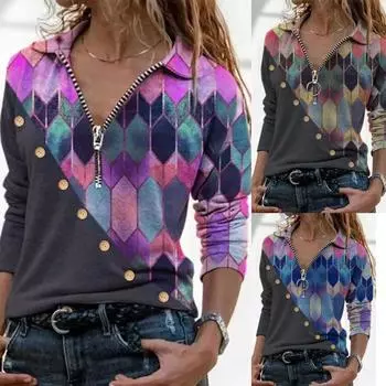 Женские рубашки с принтом на пуговицах, топы с отложным воротником, модная футболка XXL серый