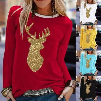 Женские рубашки с рождественским принтом, блузка с длинным рукавом, топ, рубашка L чёрный