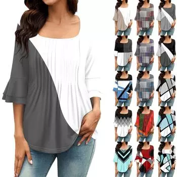 Женские рубашки с рукавами 3/4, топы, нарядные повседневные блузки, плиссированные топы-туники с квадратным вырезом и вырезом S