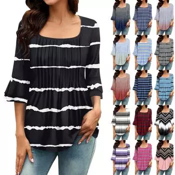 Женские рубашки с рукавами 3/4, топы, нарядные повседневные блузки, плиссированные топы-туники с квадратным вырезом и вырезом S синий