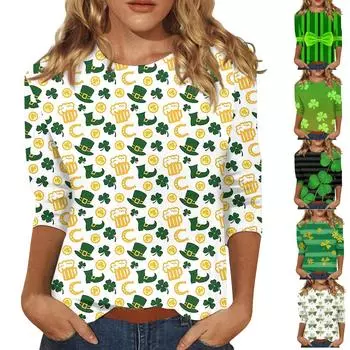 Женские рубашки с рукавом 3/4 St. Футболки с графическим принтом ко Дню Святого Патрика, блузки, повседневные базовые топы больших размеров, пуловеры L