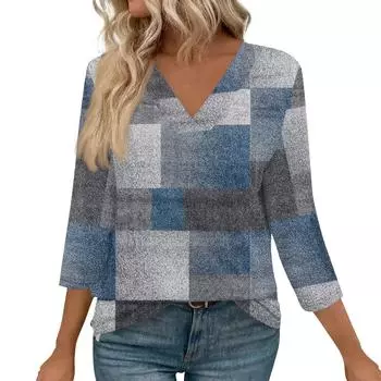 Женские рубашки с рукавом 3/4, топы с принтом и V-образным вырезом, повседневные топы, базовые футболки, блузки, свободные топы L синий